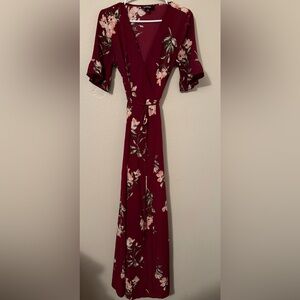 Lulus Burgundy Floral Wrap Maxi Dress